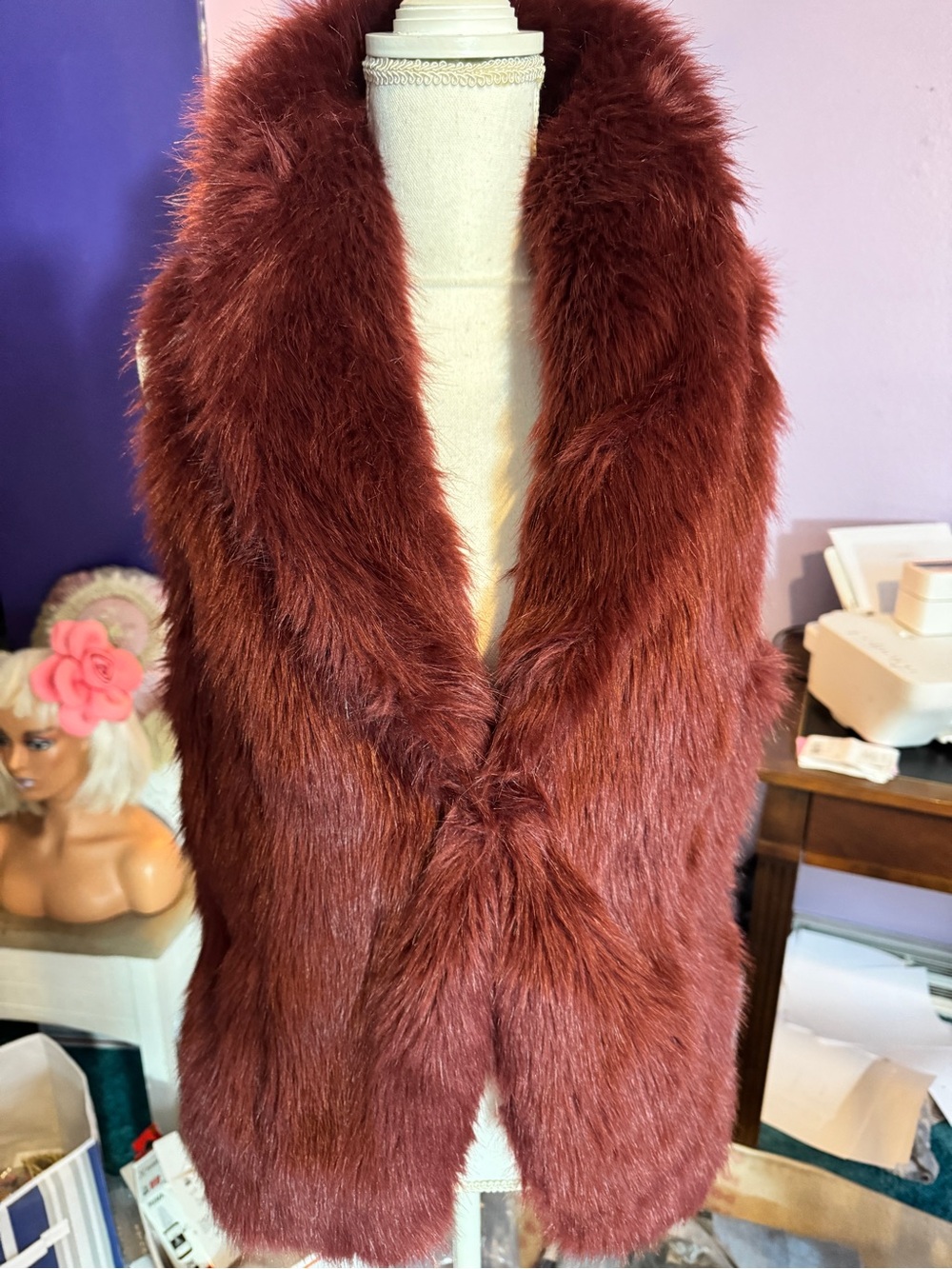 Jones New York Plush Faux Fur Vest in Burgundy